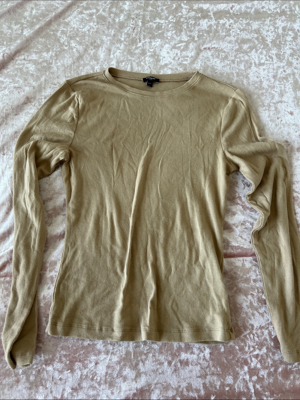 Express Slim Long-Sleeve Crewneck Top in Tan